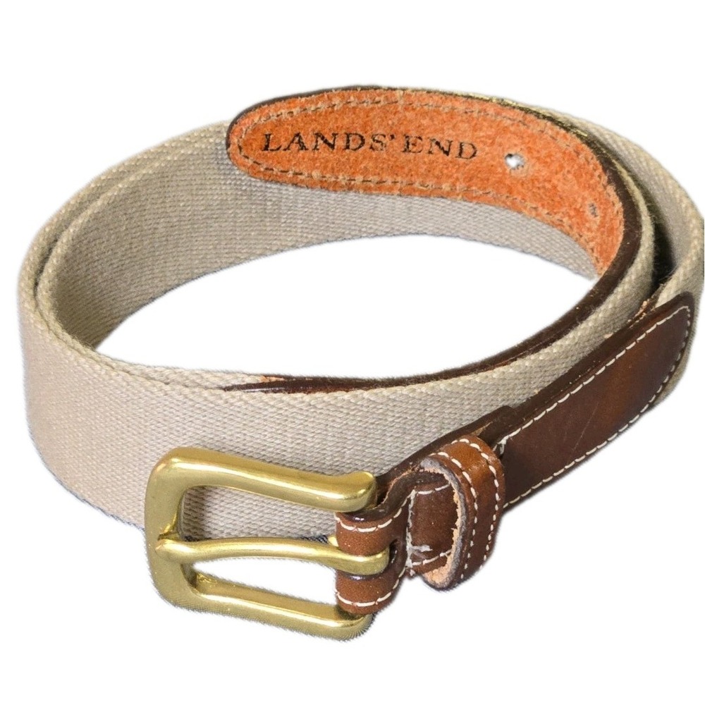 Vintage Lands End Men 32 Woven Cotton Web Leather Belt Brass Buckle 506 USA